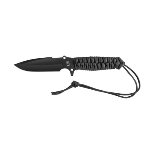 Couteau De Chasse Maraudeur Paracord 550 Lisse Noir Manche Paracorde TBOUTDOOR